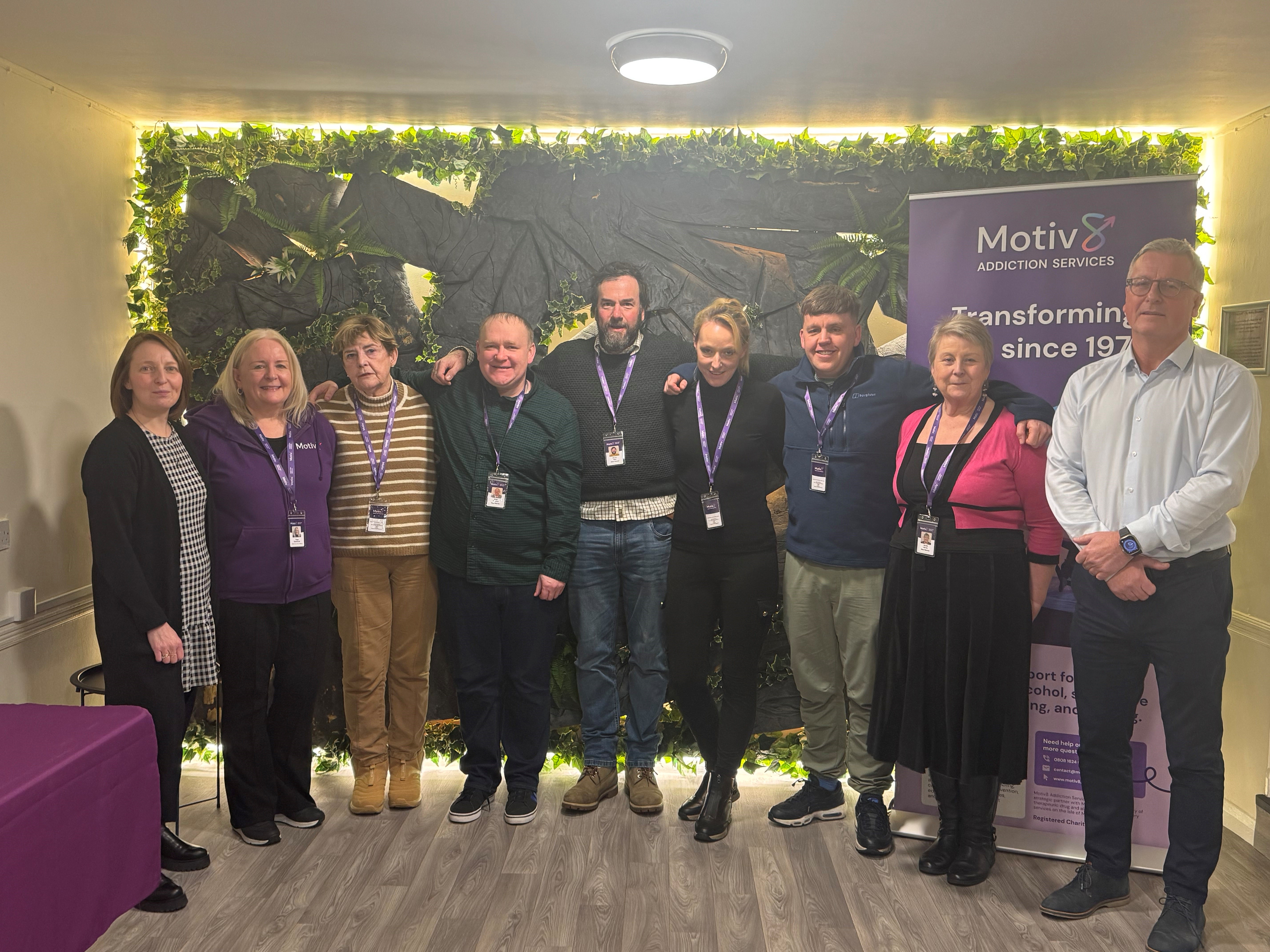 The new Peer Mentors with Louise McColgan (Motiv8 - Senior Recovery Support Worker/Group Programme Lead), Thea Ozenturk (Motiv8 - CEO), Gary Lamb (Motiv8 – Chairman ).